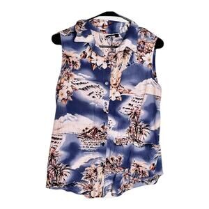 VTG Hilo Hattie Large Sleeveless Button Up Shirt Blue Island Hawaii Floral